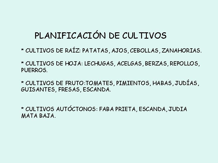 PLANIFICACIÓN DE CULTIVOS * CULTIVOS DE RAÍZ: PATATAS, AJOS, CEBOLLAS, ZANAHORIAS. * CULTIVOS DE