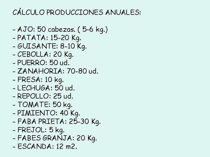 CÁLCULO PRODUCCIONES ANUALES: - AJO: 50 cabezas. ( 5 -6 kg. ) - PATATA: