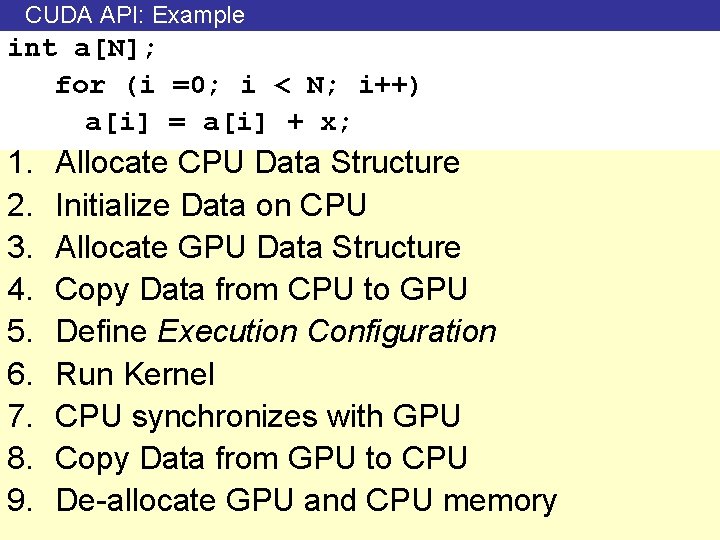 CUDA API: Example int a[N]; for (i =0; i < N; i++) a[i] =