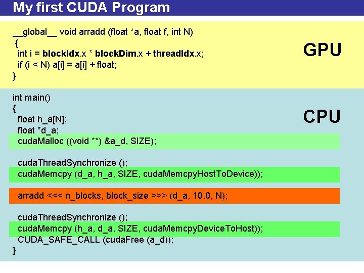 My first CUDA Program __global__ void arradd (float *a, float f, int N) {