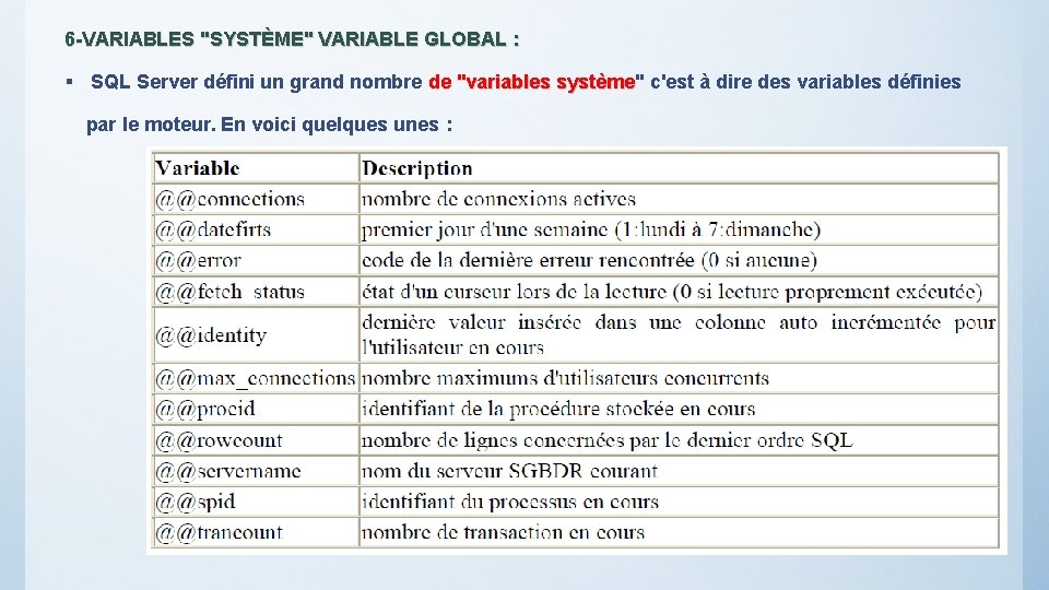 6 -VARIABLES "SYSTÈME" VARIABLE GLOBAL : § SQL Server défini un grand nombre de