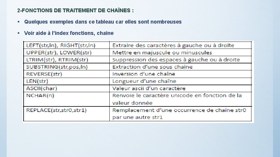 2 -FONCTIONS DE TRAITEMENT DE CHAÎNES : § Quelques exemples dans ce tableau car