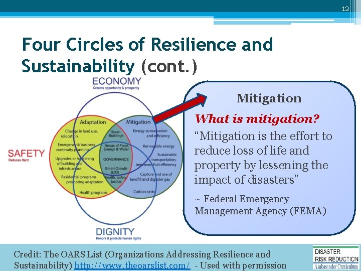 12 Four Circles of Resilience and Sustainability (cont. ) Mitigation What is mitigation? “Mitigation