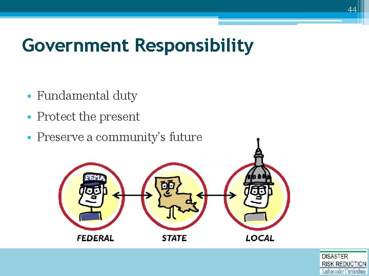 44 Government Responsibility • Fundamental duty • Protect the present • Preserve a community’s