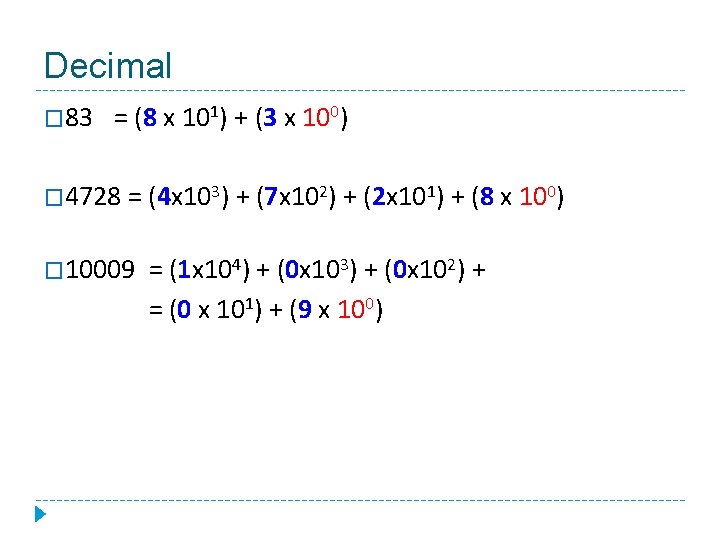 Decimal � 83 = (8 x 101) + (3 x 100) � 4728 =