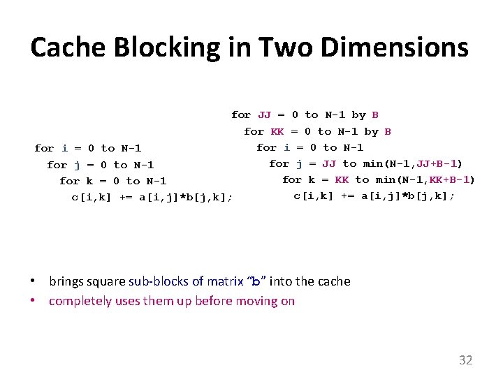 Cache Blocking in Two Dimensions for JJ = 0 to N-1 by B for