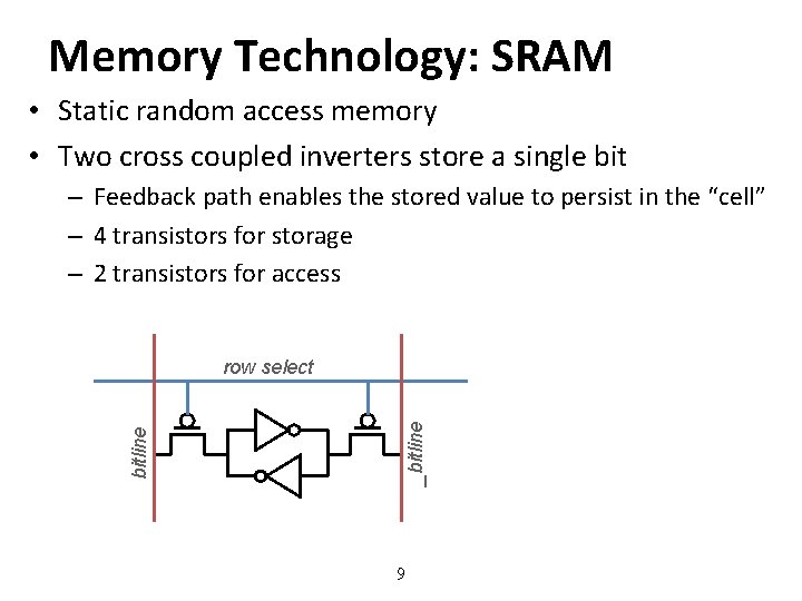 Memory Technology: SRAM • Static random access memory • Two cross coupled inverters store