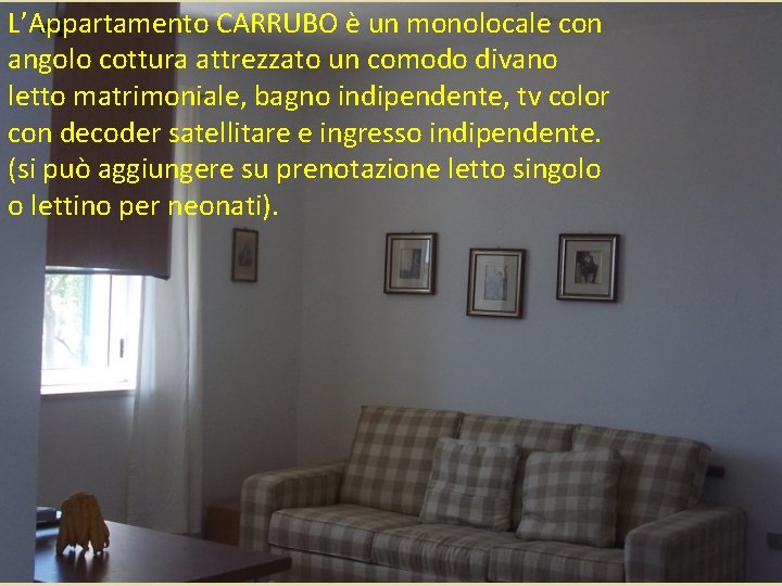 L’Appartamento CARRUBO è un monolocale con angolo cottura attrezzato un comodo divano letto matrimoniale,