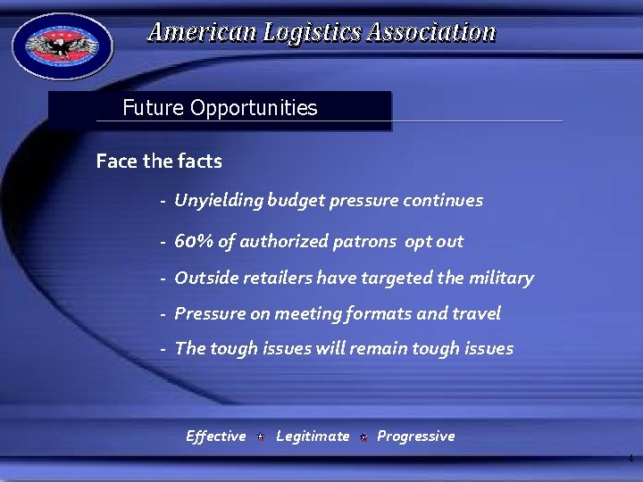 Future Opportunities Face the facts - Unyielding budget pressure continues - 60% of authorized