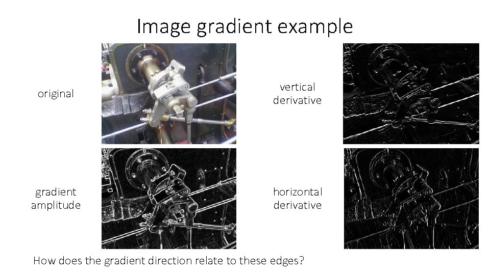 Image gradient example original vertical derivative gradient amplitude horizontal derivative How does the gradient