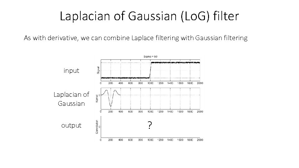 Laplacian of Gaussian (Lo. G) filter As with derivative, we can combine Laplace filtering