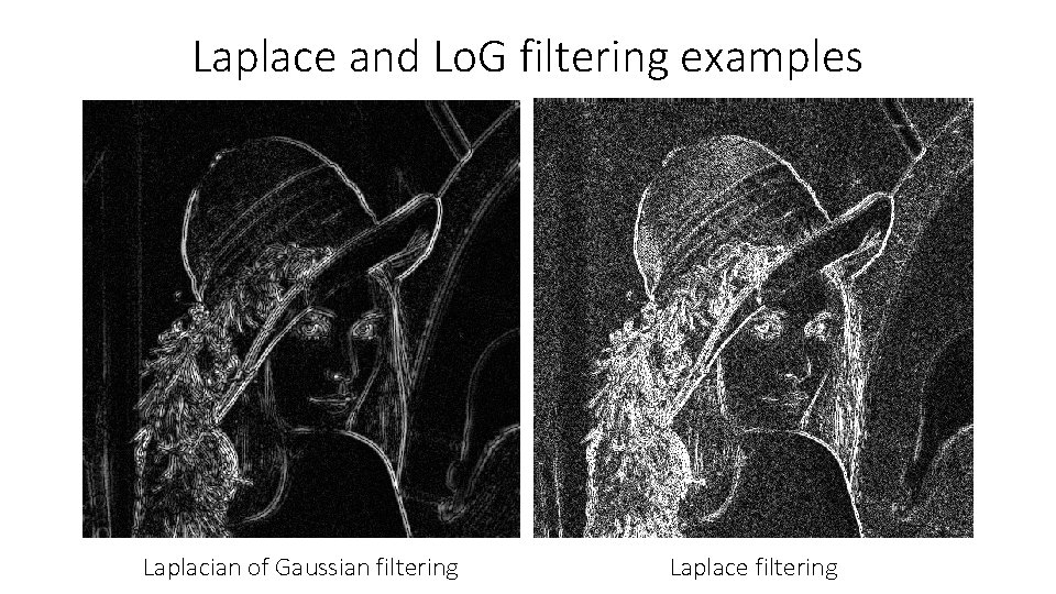 Laplace and Lo. G filtering examples Laplacian of Gaussian filtering Laplace filtering 