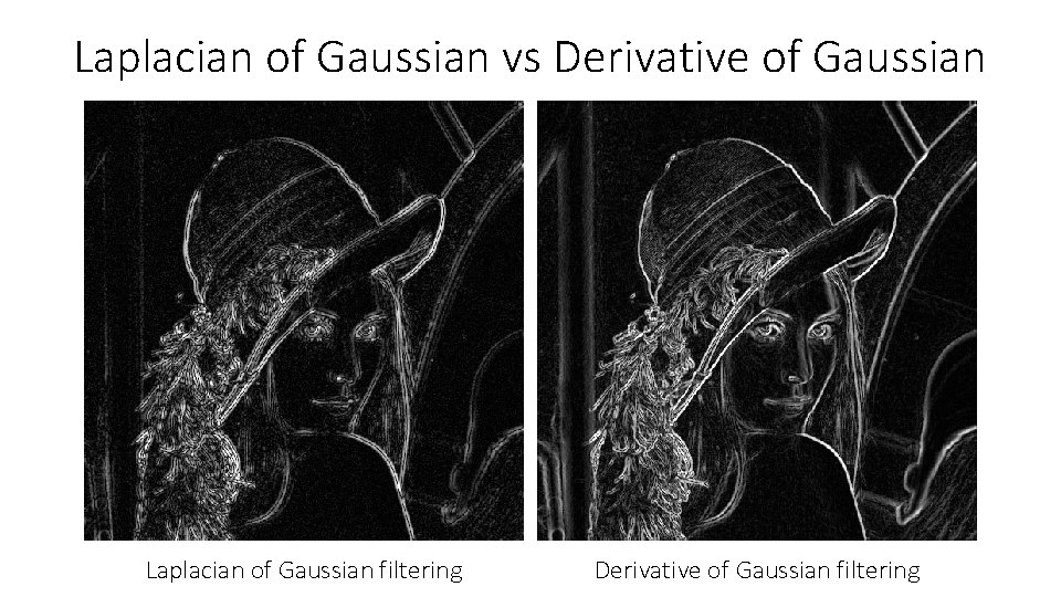 Laplacian of Gaussian vs Derivative of Gaussian Laplacian of Gaussian filtering Derivative of Gaussian