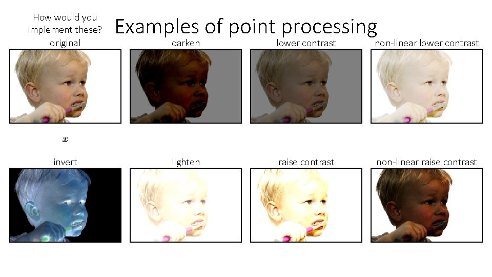 How would you implement these? original invert Examples of point processing darken lower contrast