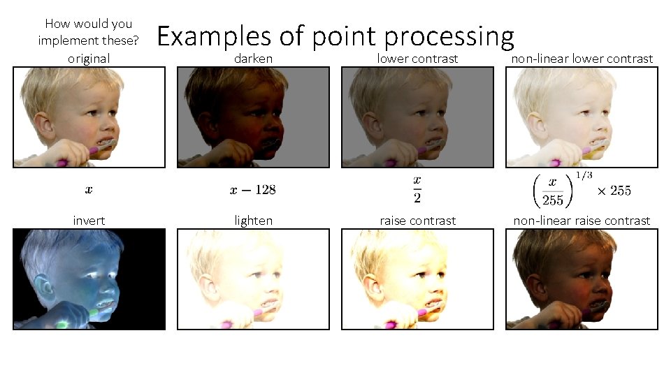 How would you implement these? original invert Examples of point processing darken lower contrast