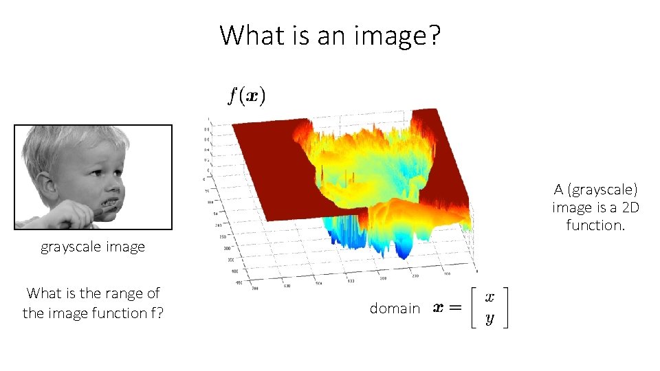 What is an image? A (grayscale) image is a 2 D function. grayscale image