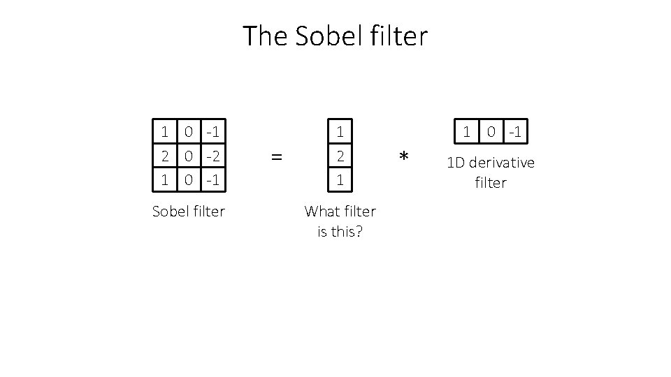 The Sobel filter 1 0 -1 2 0 -2 1 0 -1 Sobel filter