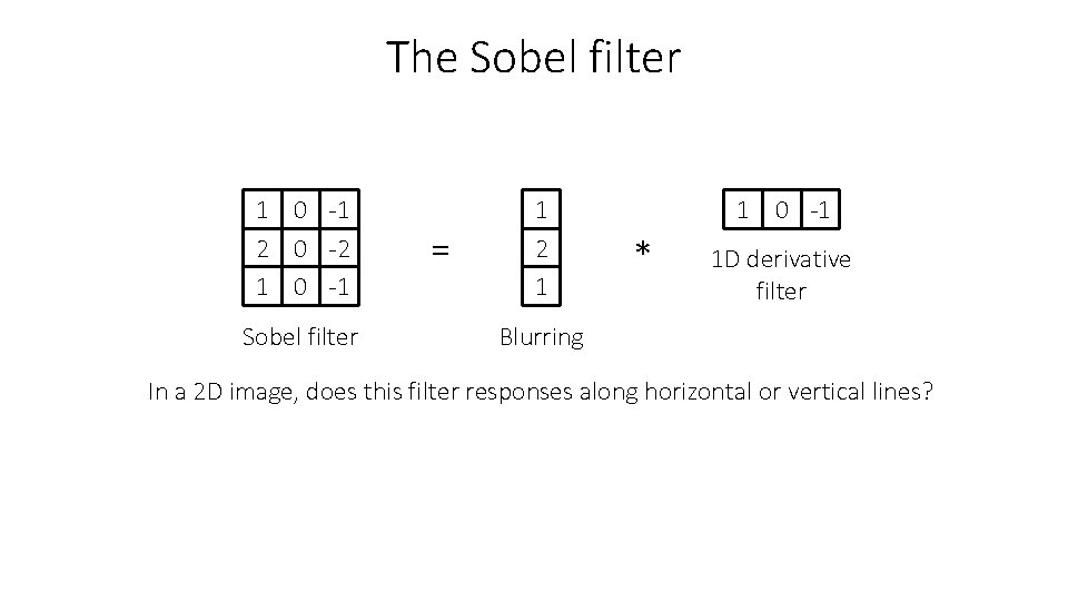 The Sobel filter 1 0 -1 2 0 -2 1 0 -1 Sobel filter