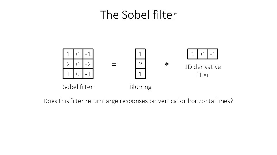 The Sobel filter 1 0 -1 2 0 -2 1 0 -1 Sobel filter