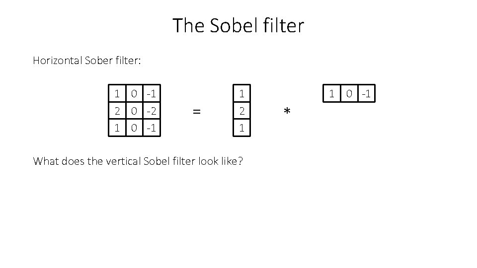 The Sobel filter Horizontal Sober filter: 1 0 -1 2 0 -2 1 0