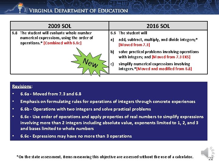 2009 SOL 2016 SOL 6. 8 The student will evaluate whole number numerical expressions,