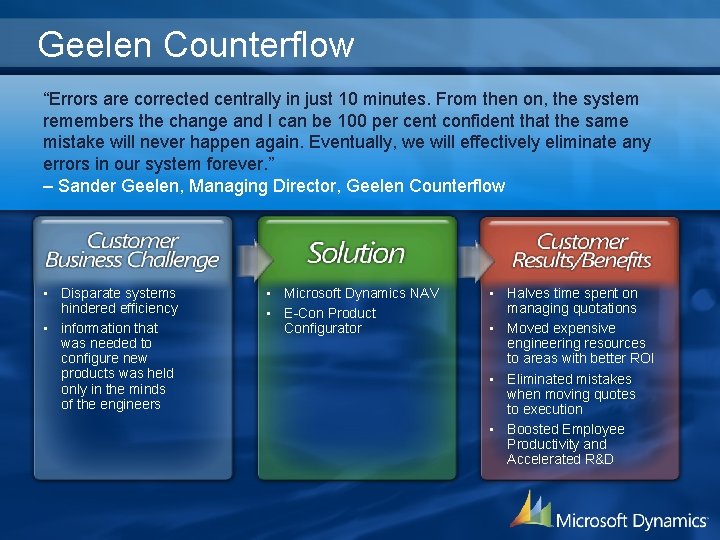 Geelen Counterflow “Errors are corrected centrally in just 10 minutes. From then on, the