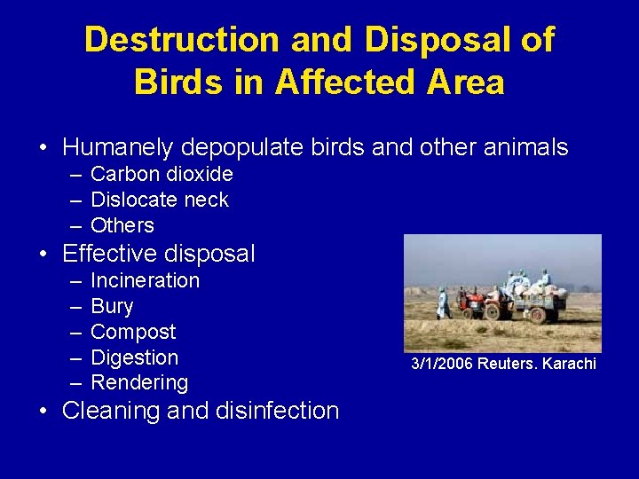 Destruction and Disposal of Birds in Affected Area • Humanely depopulate birds and other