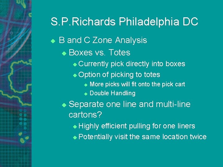 S. P. Richards Philadelphia DC u B and C Zone Analysis u Boxes vs.