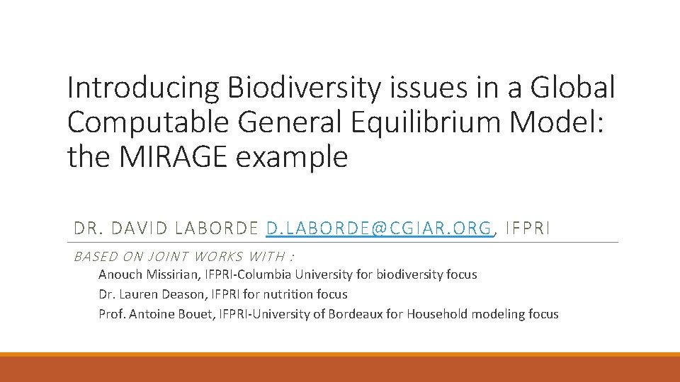 Introducing Biodiversity issues in a Global Computable General Equilibrium Model: the MIRAGE example DR.