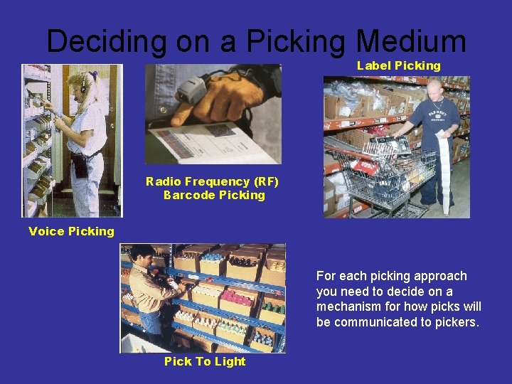 Deciding on a Picking Medium Label Picking Radio Frequency (RF) Barcode Picking Voice Picking