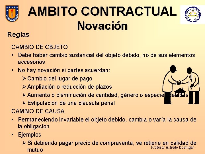 AMBITO CONTRACTUAL Reglas Novación CAMBIO DE OBJETO • Debe haber cambio sustancial del objeto