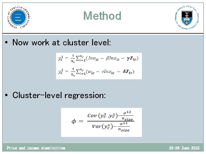 Method • Now work at cluster level: • Cluster-level regression: Price and income elasticities