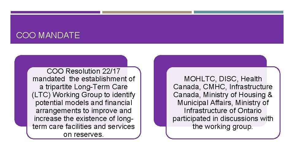 COO MANDATE COO Resolution 22/17 mandated the establishment of a tripartite Long-Term Care (LTC)