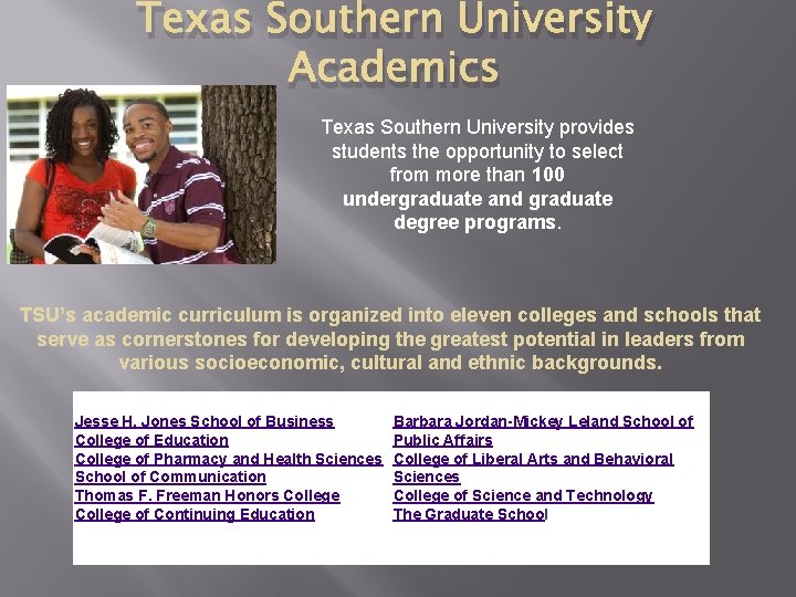 Texas Southern University Academics Texas Southern University provides students the opportunity to select from
