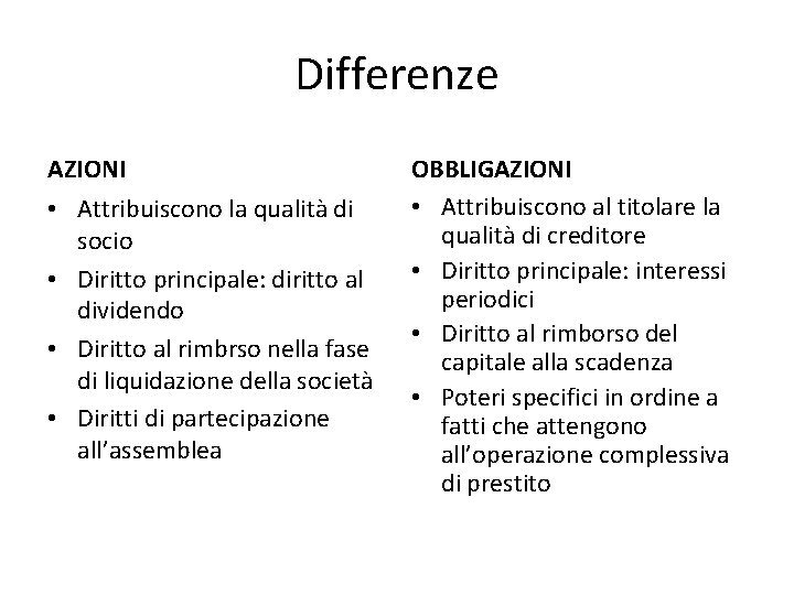 Differenze AZIONI • Attribuiscono la qualità di socio • Diritto principale: diritto al dividendo