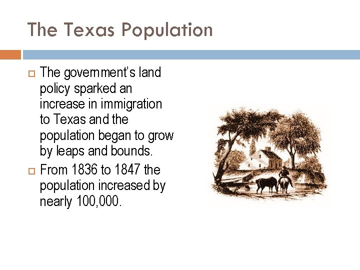 The Texas Population The government’s land policy sparked an increase in immigration to Texas