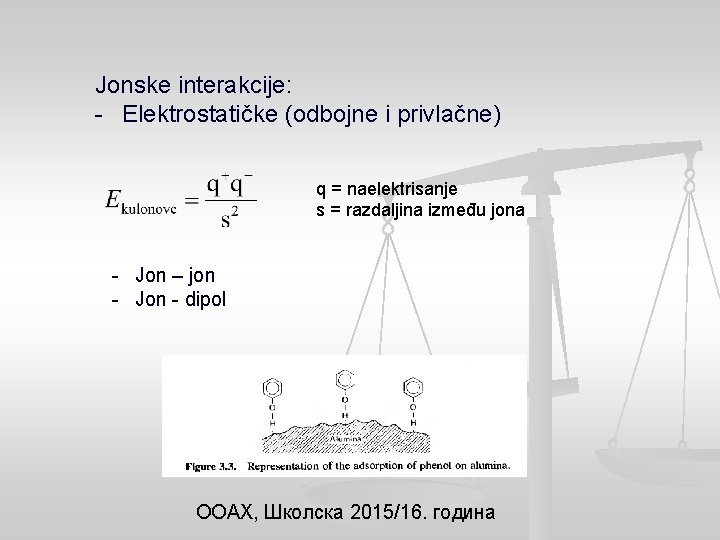 Jonske interakcije: - Elektrostatičke (odbojne i privlačne) q = naelektrisanje s = razdaljina između