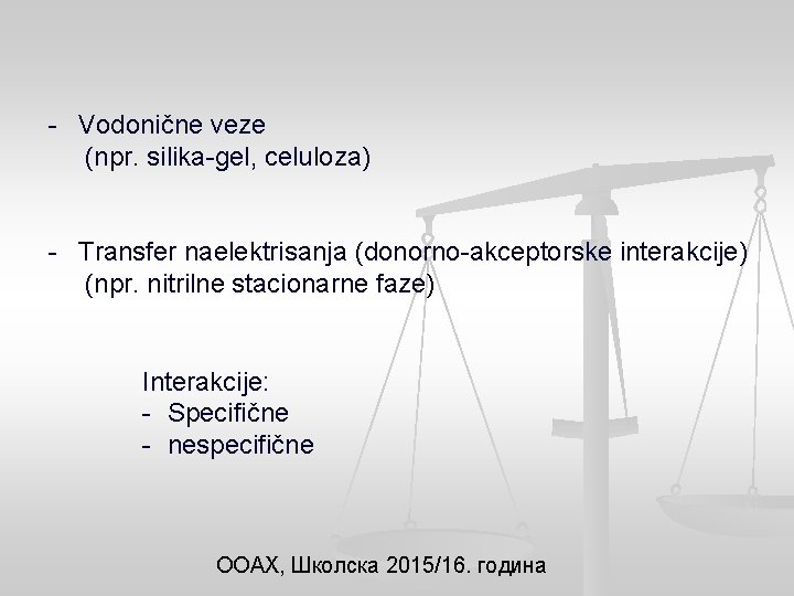 - Vodonične veze (npr. silika-gel, celuloza) - Transfer naelektrisanja (donorno-akceptorske interakcije) (npr. nitrilne stacionarne