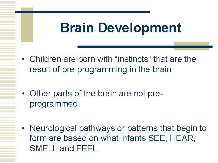 Brain Development • Children are born with “instincts” that are the result of pre-programming