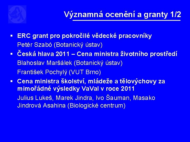 Významná ocenění a granty 1/2 § ERC grant pro pokročilé vědecké pracovníky Petér Szabó