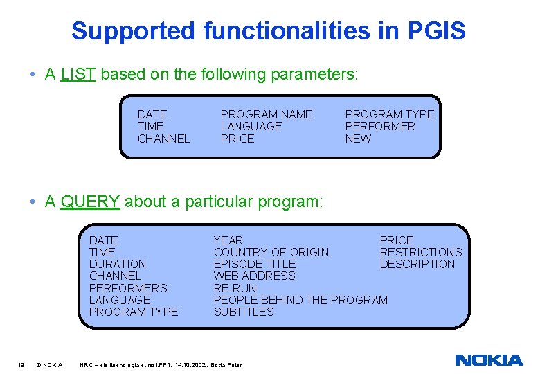 Supported functionalities in PGIS • A LIST based on the following parameters: DATE TIME