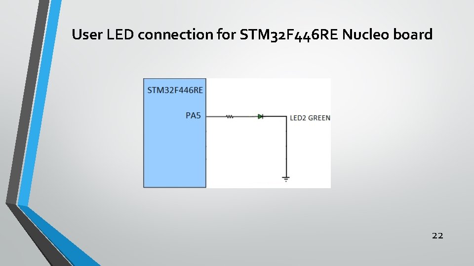 User LED connection for STM 32 F 446 RE Nucleo board 22 