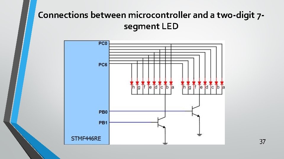 Connections between microcontroller and a two-digit 7 segment LED 37 