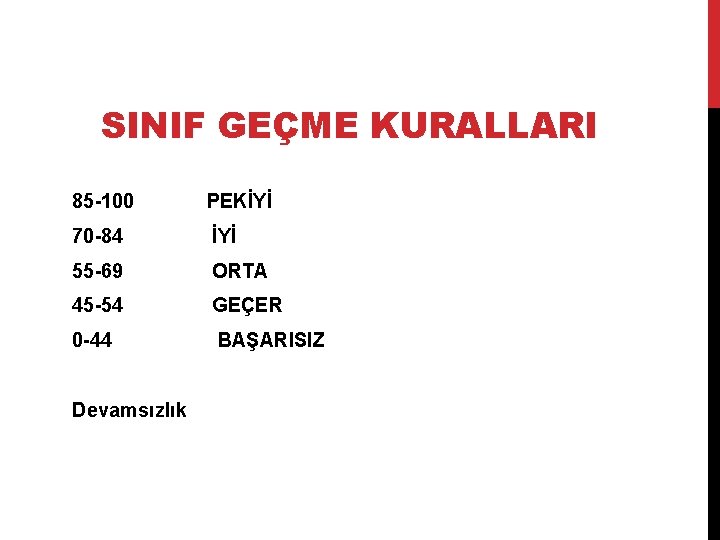 SINIF GEÇME KURALLARI 85 -100 PEKİYİ 70 -84 İYİ 55 -69 ORTA 45 -54
