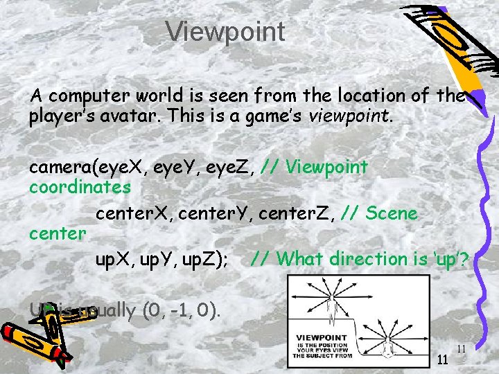 Viewpoint A computer world is seen from the location of the player’s avatar. This