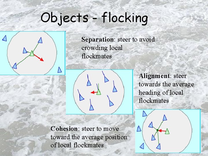 Objects - flocking Separation: steer to avoid crowding local flockmates Alignment: steer towards the