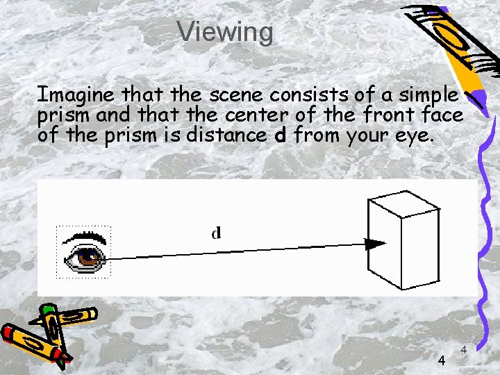 Viewing Imagine that the scene consists of a simple prism and that the center