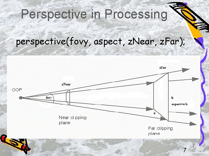 Perspective in Processing perspective(fovy, aspect, z. Near, z. Far); 7 7 