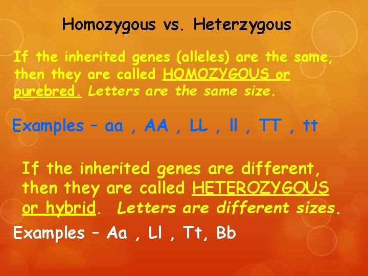 Homozygous vs. Heterzygous If the inherited genes (alleles) are the same, then they are