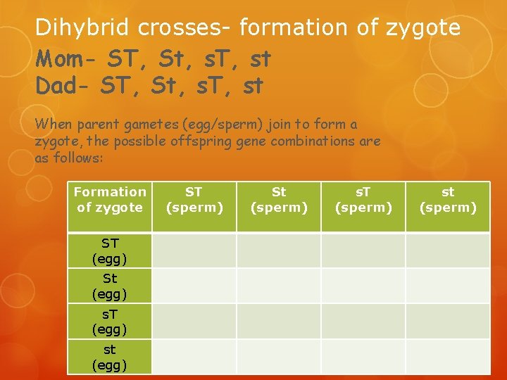 Dihybrid crosses- formation of zygote Mom- ST, St, s. T, st Dad- ST, St,